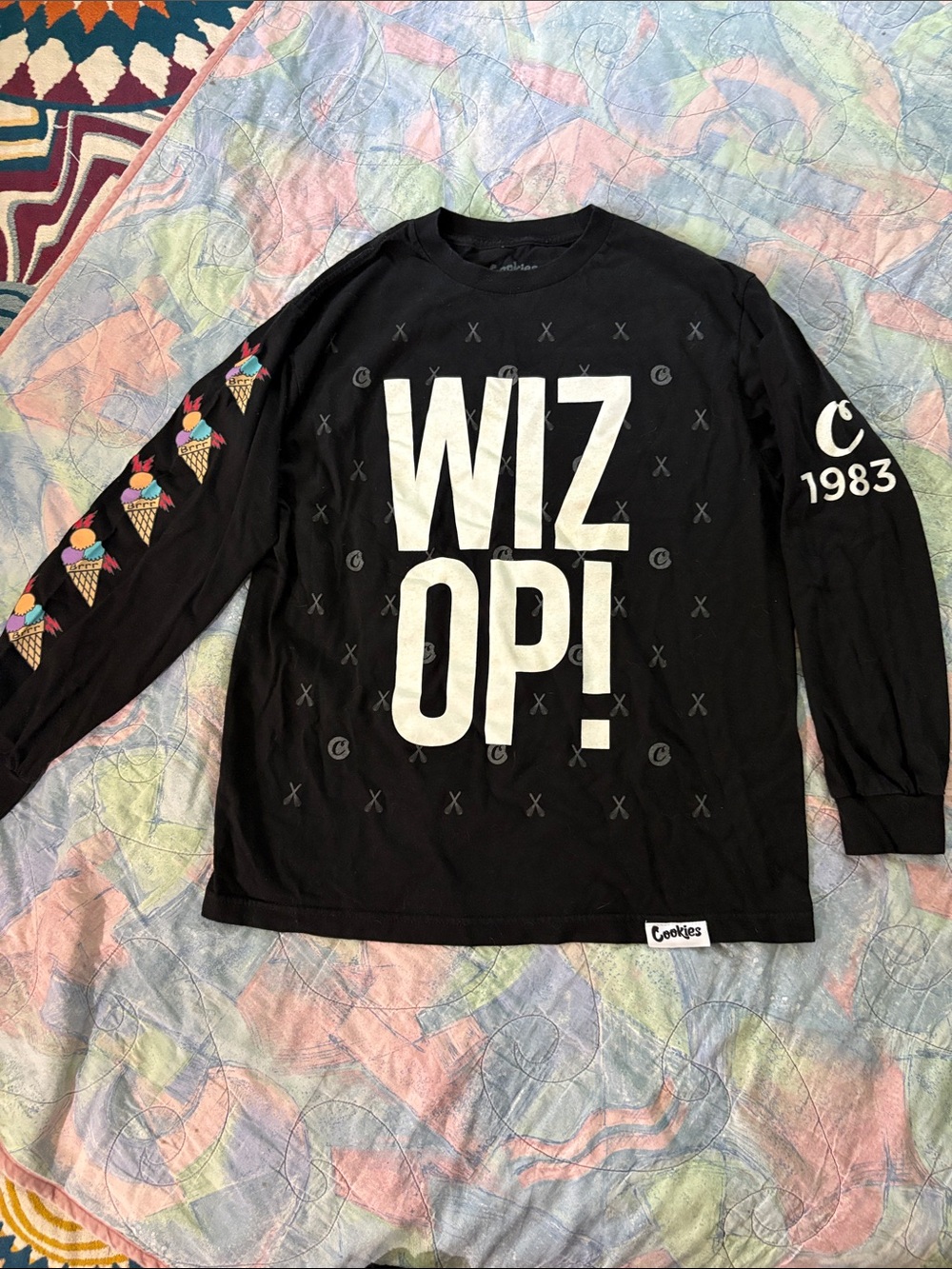 Unisex retro Cookies Black "WIZ OP!" Long Sleeve Tee- medium 100 cotton